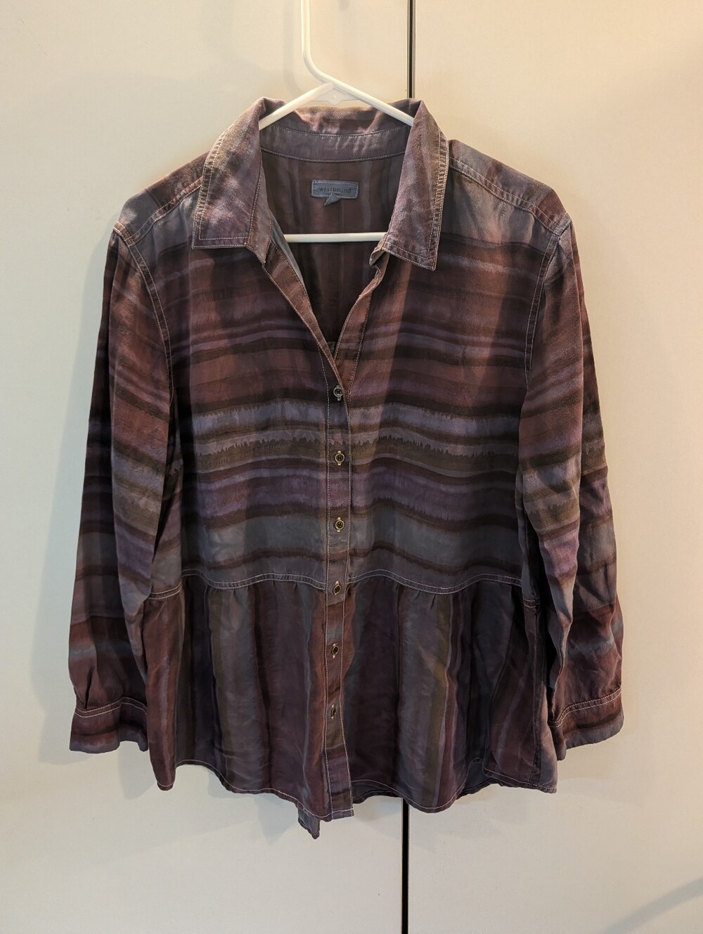 Westbound Woman's Medium Striped Peplum Button-Up Blouse - Purple
